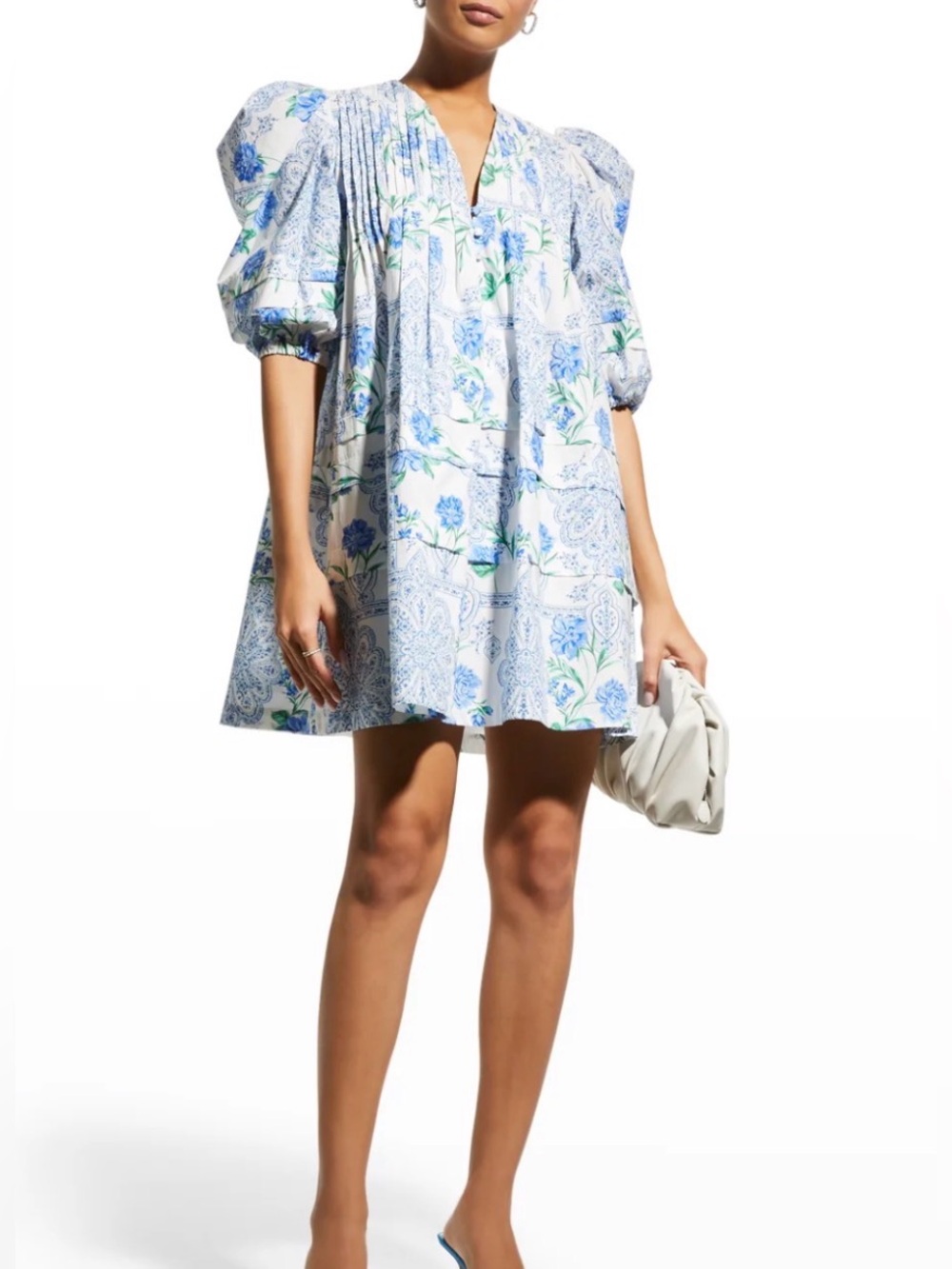 Hunter Bell Jenkins Dress Blue White Floral Puff-Sleeve Tunic Dress Sz S